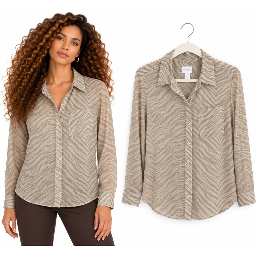 Chicos Sheer Button Up Blouse Size Small Metallic Zebra Stripe Shimmer